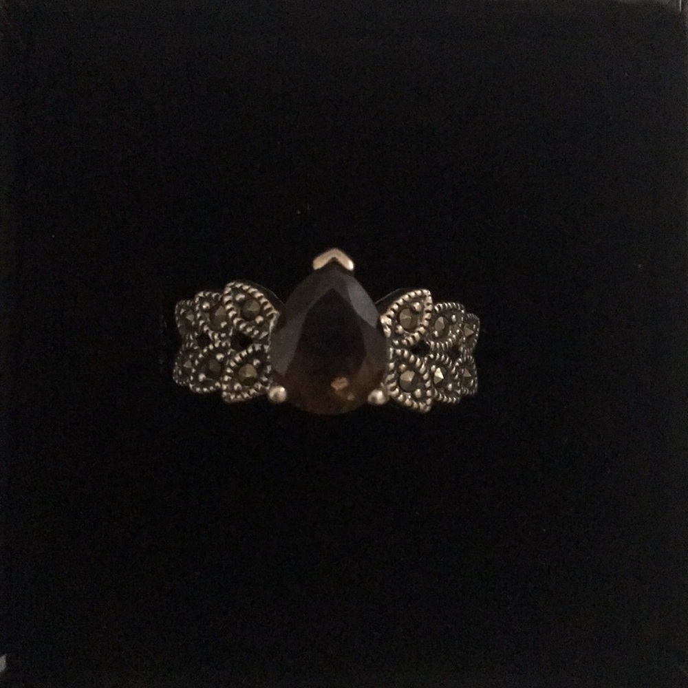 Sterling Silver Marcasite Brown Stone